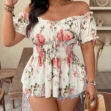 Plus Size Women Off-Shoulder Cinched Waist Floral Print Elegant Fashionable Blouse Top, Suitable For Date, Travel And More, Spring/Summer - Azul y blanco - Ver 6