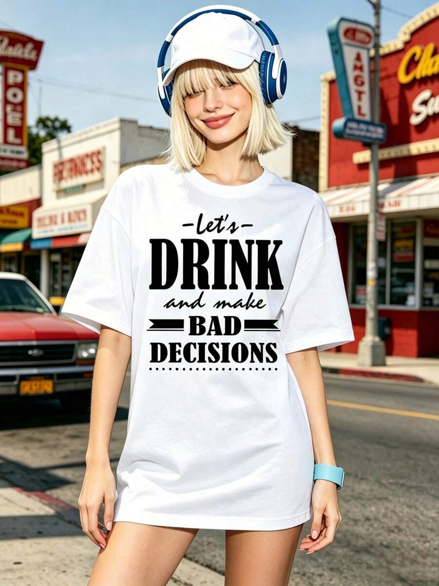 Camiseta de manga corta con cuello redondo suave y casual de verano para mujer, camiseta sin mangas estampada de estilo deportivo casual de verano a la moda, camisetas con estampado gráfico 'Let's DRINK And Make BAD DECISIONS', tops para salir, algodón, estilo vintage, estilo callejero europeo y americano, casual deportivo, estilo unisex, estilo casual urbano, camisetas bonitas, G - Blanco - Ver 1