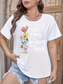 Women's Little Bird Letter Print T-Shirt, Casual Printed T-Shirt, Round Neck, Short Sleeve, Women's Clothing - 白色 - 查看 1