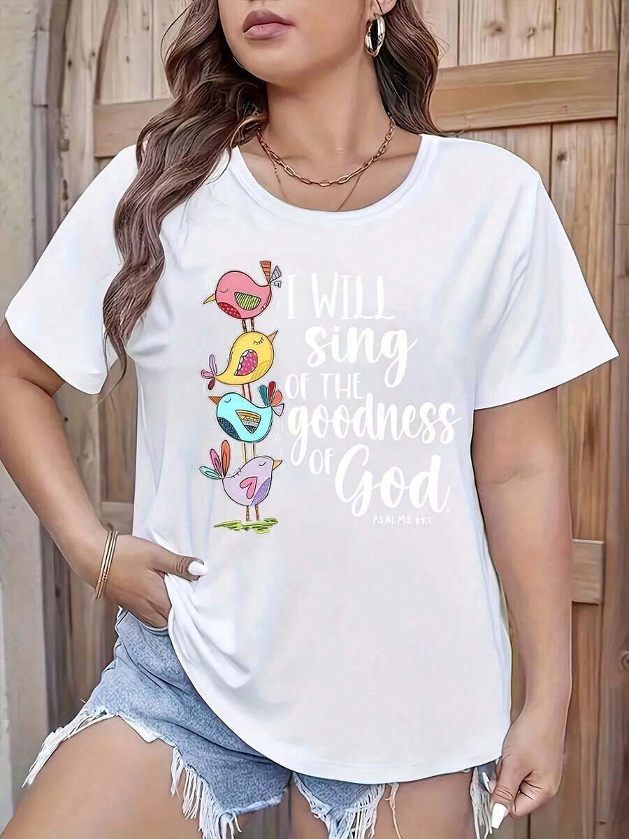 Women's Little Bird Letter Print T-Shirt, Casual Printed T-Shirt, Round Neck, Short Sleeve, Women's Clothing - 白色 - 查看 1
