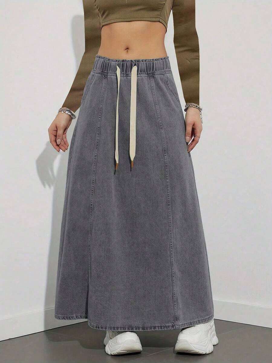 Falda vaquera negra de cintura elástica y corte holgado, falda vaquera casual de longitud media, de moda para primavera/verano - Gris - Ver 1