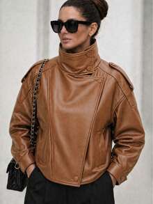 Women's Short Faux Leather Jacket, Modern And Elegant Style, For Winter - 離開 - 查看 3