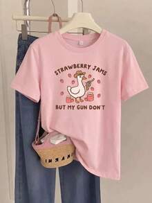 Pink Refreshing Summer Short Sleeve T-Shirt, INS Style "Strawberry Jam But My Gun Not" Duck Pattern Print, Slim Fit Summer Aesthetic Top Casual - Pink - View 1