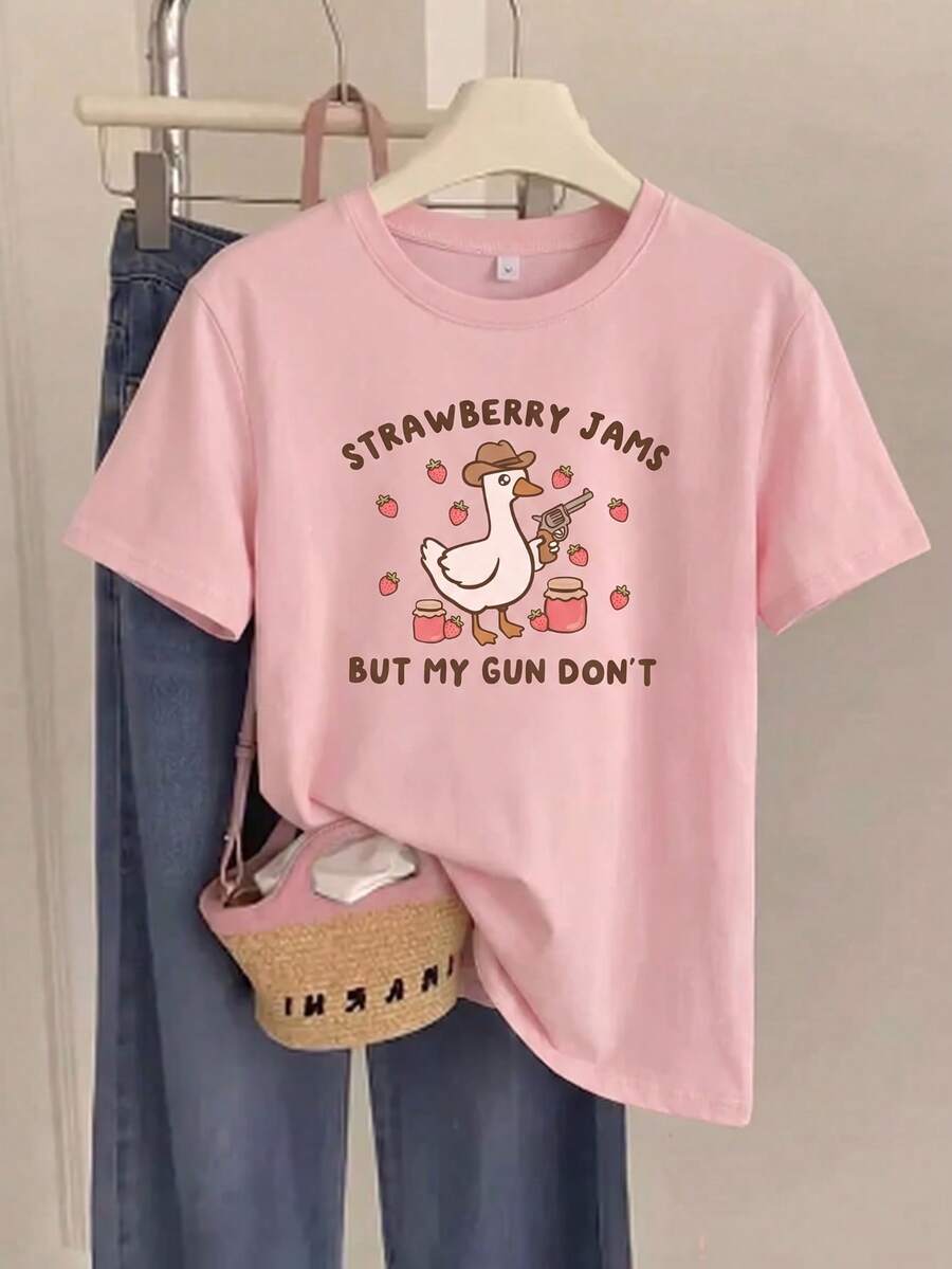 Pink Refreshing Summer Short Sleeve T-Shirt, INS Style "Strawberry Jam But My Gun Not" Duck Pattern Print, Slim Fit Summer Aesthetic Top Casual - Pink - View 1