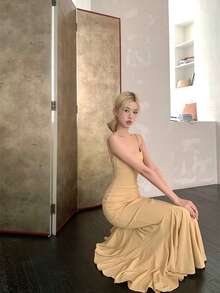 Vestido largo de cola de sirena para mujer, color amarillo mostaza, diseño de tirantes anchos en U, tejido de punto elástico ajustado, estilo elegante, ideal para fiestas y eventos formales. - Amarillo - Ver 7