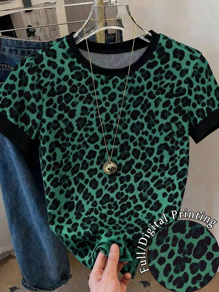 Camiseta de manga corta de cuello redondo con estampado de leopardo casual para mujer, verano - Multicolor 10 - Ver 1