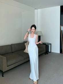 Women's Halter Neck Dress, Dark Greyish Green, Knit Design With Knot At The Waist And Decorative Ribbons, Fitted Stretch Fabric, Modern Elegant Style, Ideal For Everyday Wear. - 白色 - 查看 4