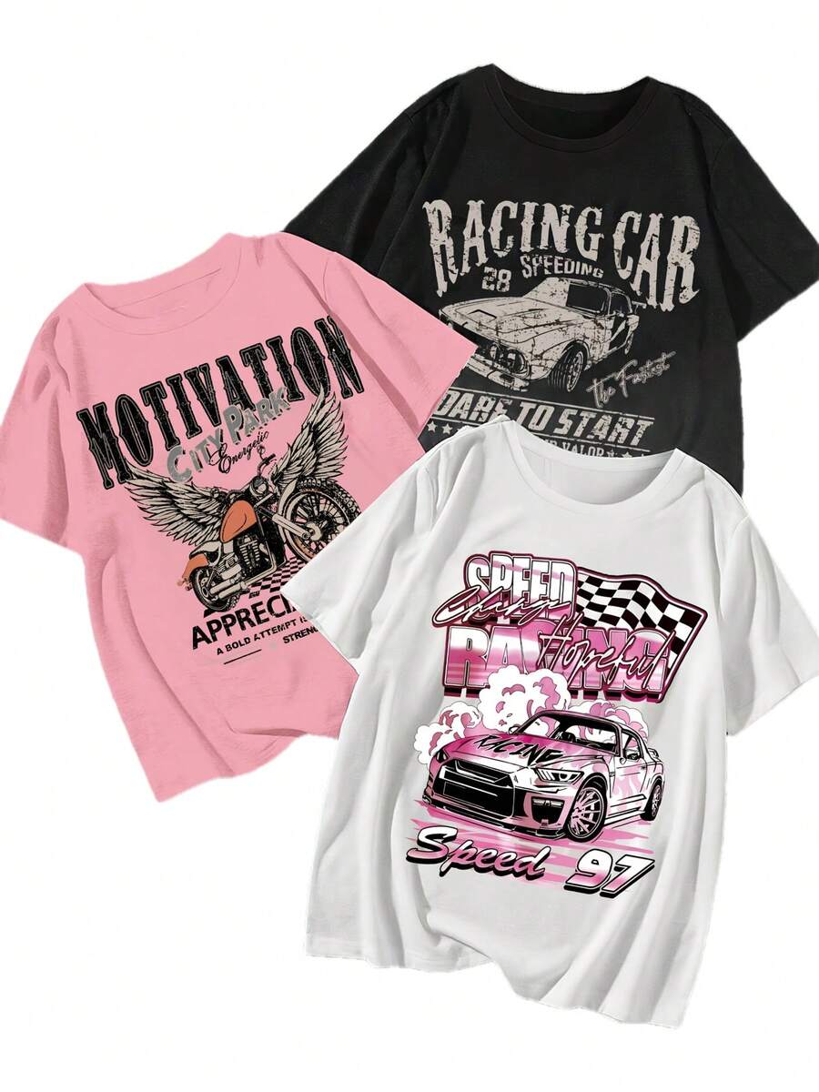 Conjunto de camiseta casual de una pieza, con diseños de coches de carreras, motocicletas y coches clásicos, diseñado específicamente para mujeres, perfecto para usar en verano. - Negro - Ver 1
