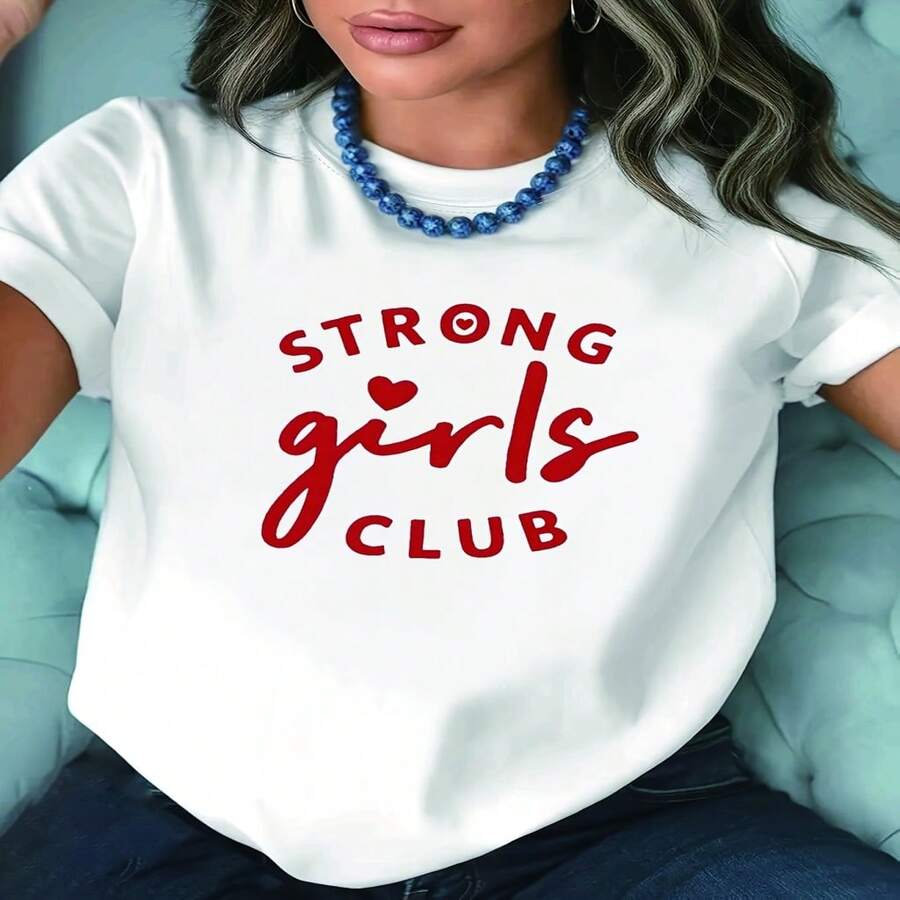Women Cotton Graphic T Shirt Strong Girls Club Print Round Neck Short Sleeve Regular Fit Casual Top - Blanco - Ver 1
