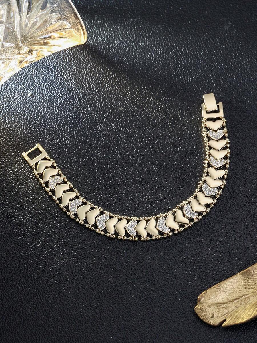 1 Peça Pulseira de Luxo Dourada em Formato de Coração com Zircônia Encravada, Design Único, Acessório de Joalheria da Moda para Mulheres, Adequado para Aniversário, Aniversário, Uso Diário - Amor - Visão 1