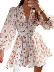 Nueva Vestido Midi Encaje Cuello V Estampado Dulce Manga Larga Corte Corto - Blanco - Ver 4