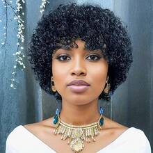 Glueless Human Hair Wig Short Pixie Cut With Bangs - Black Curly Wavy Bob, 180% Density Rose Net Cap, Perfect For Daily Wear & Party & Holiday, 6 Inch Instant Hairstyle With Volume - Natural Black - View 3