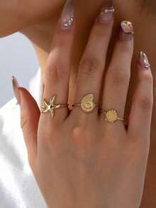 Set de 3 anillos de playa de verano con estrella de mar, anillos de concha y vieira, accesorios de joyería de mujer para vacaciones y viajes, regalo - Multicolor 6 - Ver 4