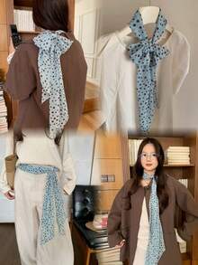 1pc Light Blue Polka Dot Printed Silk Scarf, Multifunctional Silk Ribbon Necktie, 2026 New Fashion Headband, Neck Decor For Women, Suitable For Daily Outfit Matching - Baby Blue - View 6