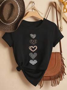 Women's Short-Sleeved Cotton T-Shirt, Plus Size Casual Short-Sleeved T-Shirt For Women - Heart Print, Striped And Shiny, Suitable For Spring, Summer And Autumn, Machine Washable Round Neck Blouse. - 黑色 - 查看 4