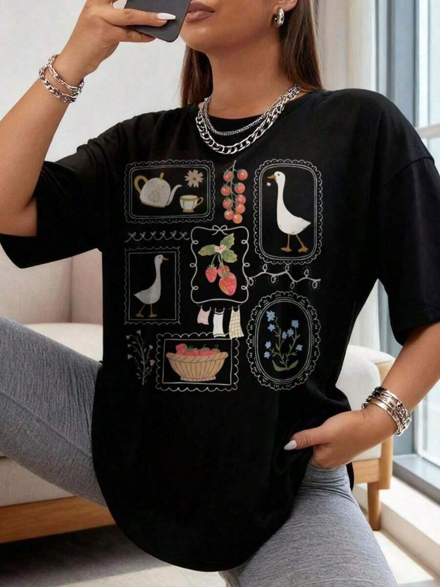 1 pieza. Estilo cotidiano, camiseta Cottagecore linda para uso diario, camiseta con estampado de pato y fruta estilo rústico, regalo para amantes del Cottagecore, camiseta de ganso, camiseta de jardinería, camiseta de primavera-verano, regalo para ella, diseñada para resaltar las curvas de forma suave, cómoda y que aumenta la confianza. 180g 100% algodón, todos los diseños están impresos. Unisexo. - Negro - Ver 1