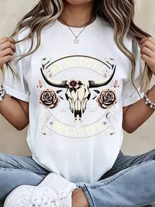 Beautiful Disaster T Shirt White Crewneck Graphic Print With Bull Skull And Roses Design - 白色 - 查看 2
