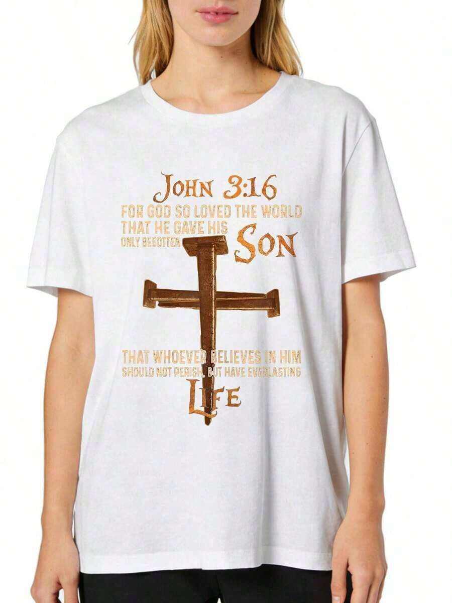 1 pieza Camiseta con estampado gráfico "Juan 3:16 Porque así amó Dios al mundo que dio Su hijo", cuello redondo, manga corta, camiseta casual a la moda, ajuste cómodo, lavable a máquina, para primavera y verano, ropa de mujer, 180g 100% algodón, los diseños están impresos. Unisexo. - Blanco - Ver 1