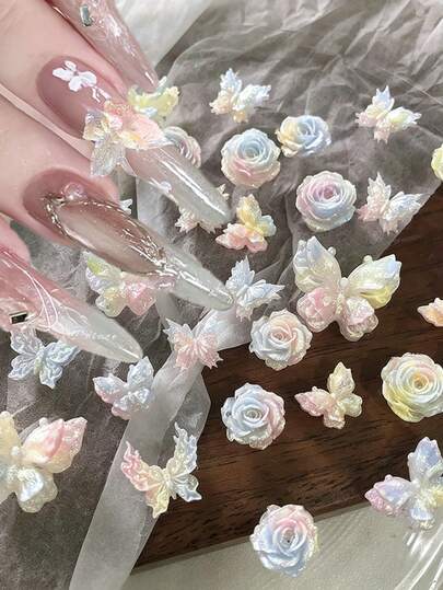 30件梦幻渐变玫瑰花和蝴蝶美甲装饰品，甜美马卡龙色树脂山茶花、向日葵、百合美甲配件