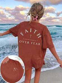 Women's "Faith Over Fear" T-Shirt With Bible Verse, Regular Fit, Christian Inspirational Graphic T-Shirt, Comfortable, Casual Short Sleeve 2026, Round Neck, Faith Clothing For Summer - 紅色 - 查看 5