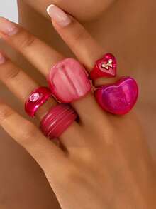 5pcs/Set Pink Jelly Heart Shaped Resin & Acrylic Stackable Rings, Versatile Accessories For Sweet & Girls - Pink - View 1