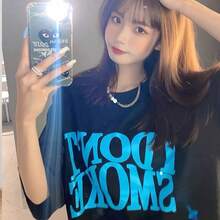 Nueva camiseta de verano 100% algodón con estampado de letras y manga corta para mujer, estilo coreano holgado, camiseta para parejas. - Camisa negra de manga corta [Lake Orchid SM0KE] - Ver 2