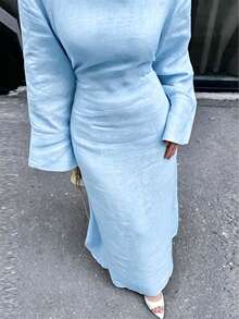 Women's Casual Elegant Solid Color Muslim Long Robe Dress, Slim Fit Robe Suitable For All Seasons And Vacation - Baby Blue - View 2