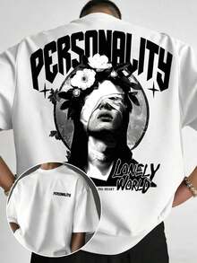 Manfinity LEGND Men's Loose Fit Black T-Shirt, Vintage Style Street Mythology Graphic Print, Lightweight Comfortable Short Sleeve Ideal For Summer, Versatile Youthful Urban Casual Wear - 白色 - 查看 1