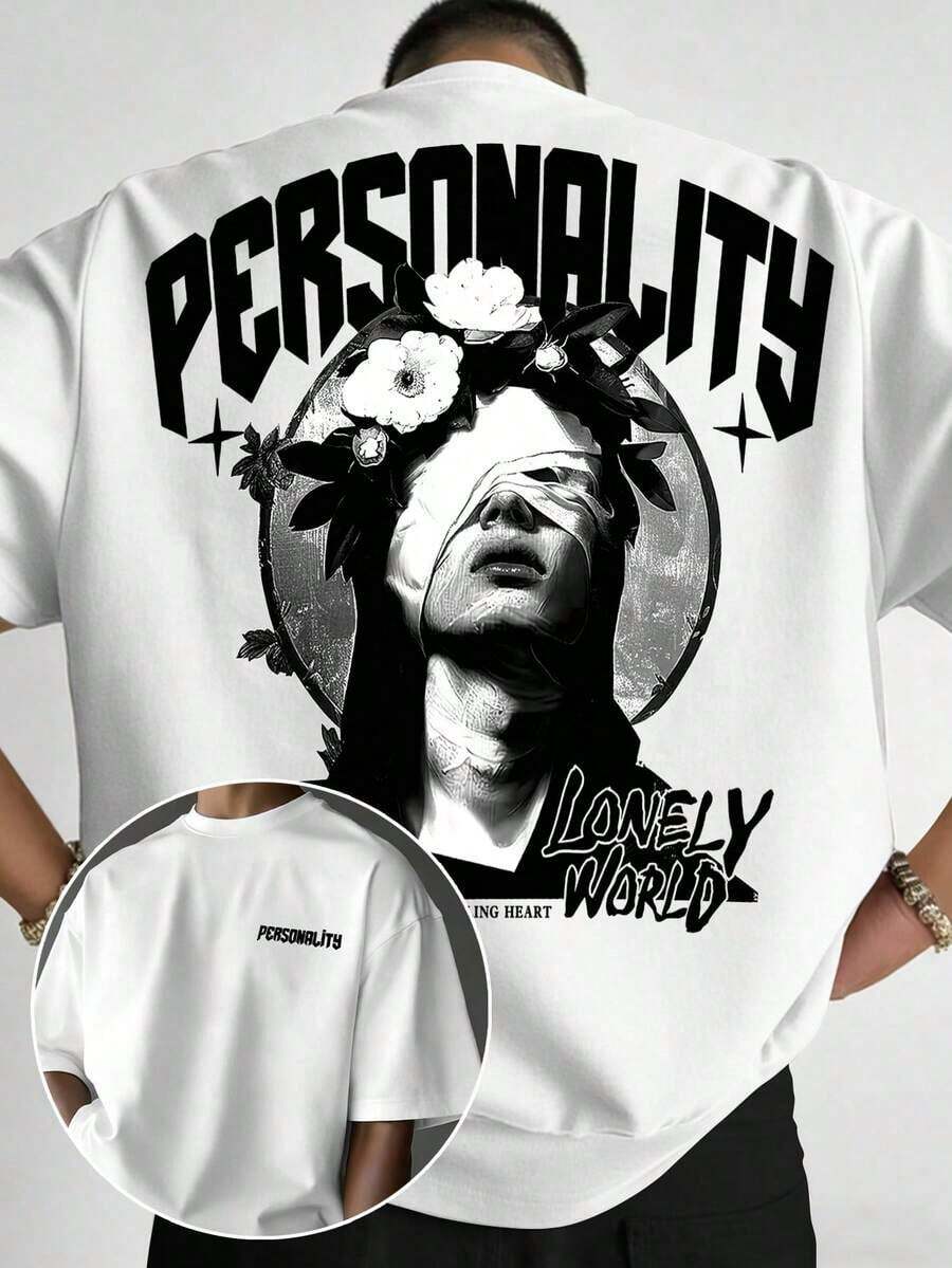 Manfinity LEGND Men's Loose Fit Black T-Shirt, Vintage Style Street Mythology Graphic Print, Lightweight Comfortable Short Sleeve Ideal For Summer, Versatile Youthful Urban Casual Wear - 白色 - 查看 1
