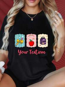 Women's "Hello Back To School" T-Shirt With Personalized Name, Apple Pencil Design, And Backpack. Suitable For Family Gatherings, Christmas Parties, Sports Activities, Holiday Parties, Outings, And Other Festive Gifts. Casual. - 黑色 - 查看 1
