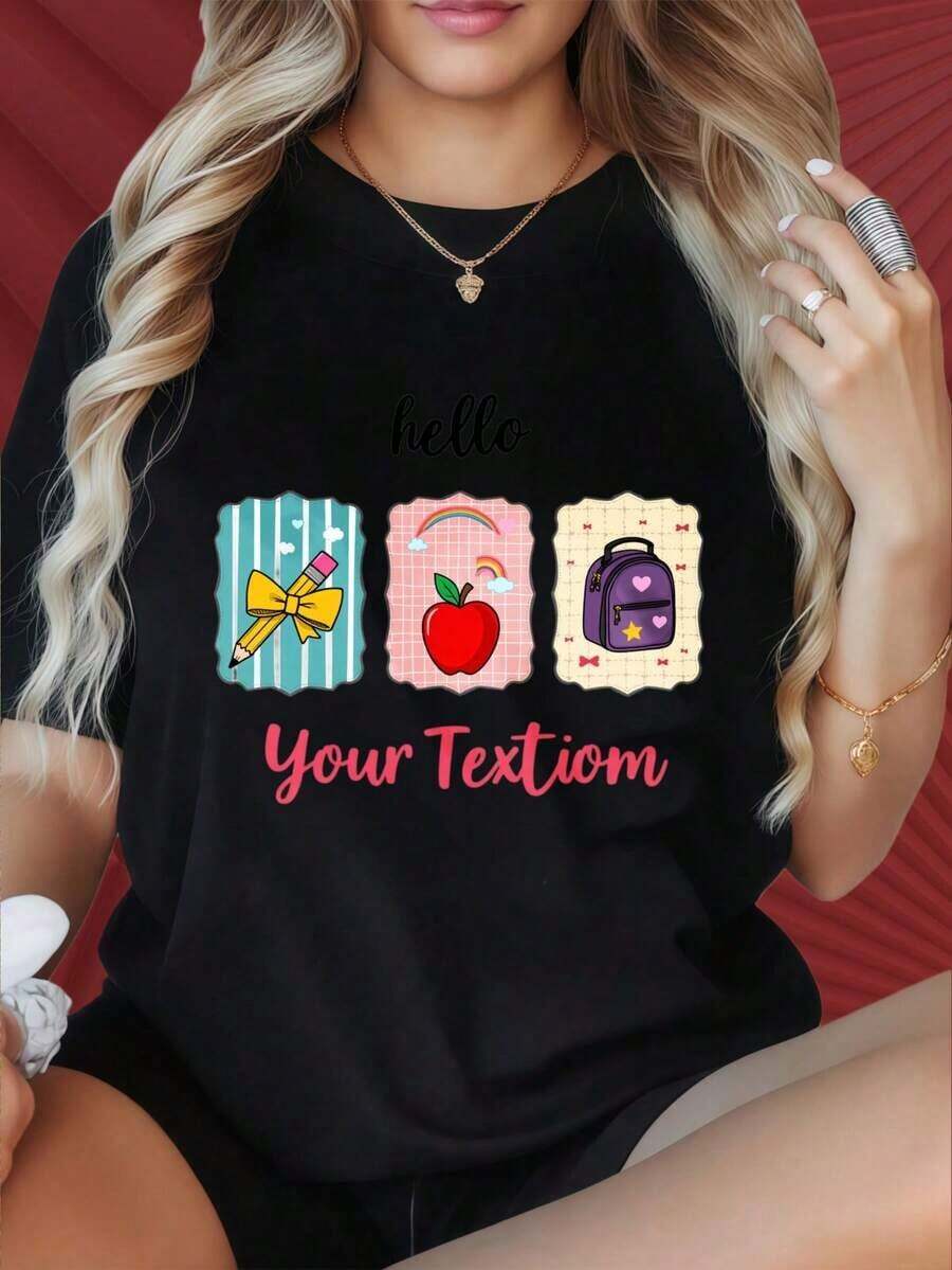 Women's "Hello Back To School" T-Shirt With Personalized Name, Apple Pencil Design, And Backpack. Suitable For Family Gatherings, Christmas Parties, Sports Activities, Holiday Parties, Outings, And Other Festive Gifts. Casual. - 黑色 - 查看 1