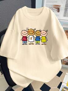 Camiseta de Manga Corta para Mujer - Diseño Holgado con Estampado de Dibujos Animados #3333 - Blanco - Ver 1