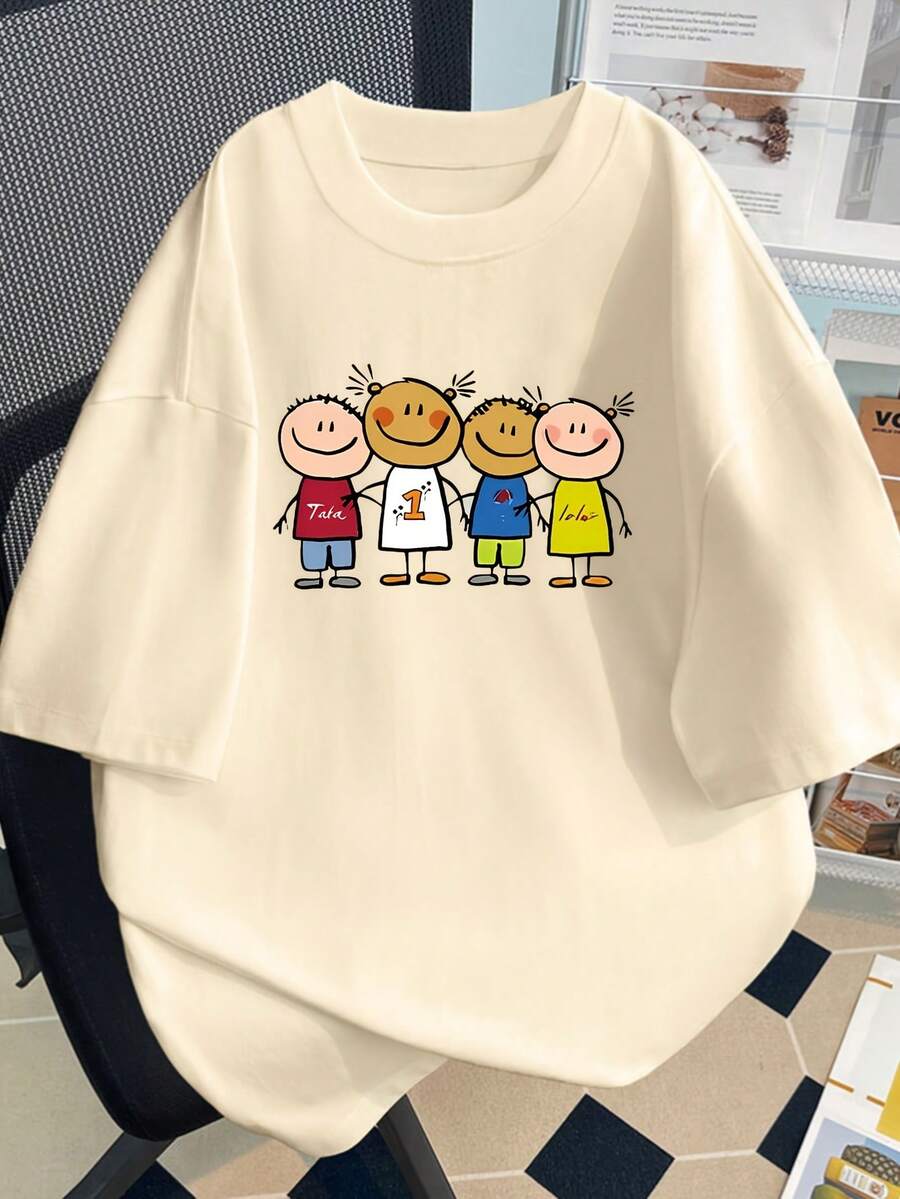 Camiseta de Manga Corta para Mujer - Diseño Holgado con Estampado de Dibujos Animados #3333 - Blanco - Ver 1