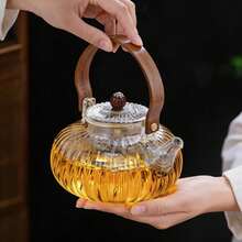 1pc 900ml High Borosilicate Glass Teapot, Pumpkin Shaped Design With Striped Pattern, Reusable English Afternoon Tea Pot, Suitable For Home, Restaurant, Party, Mother's Day, Halloween Gift - Multicolor - View 1