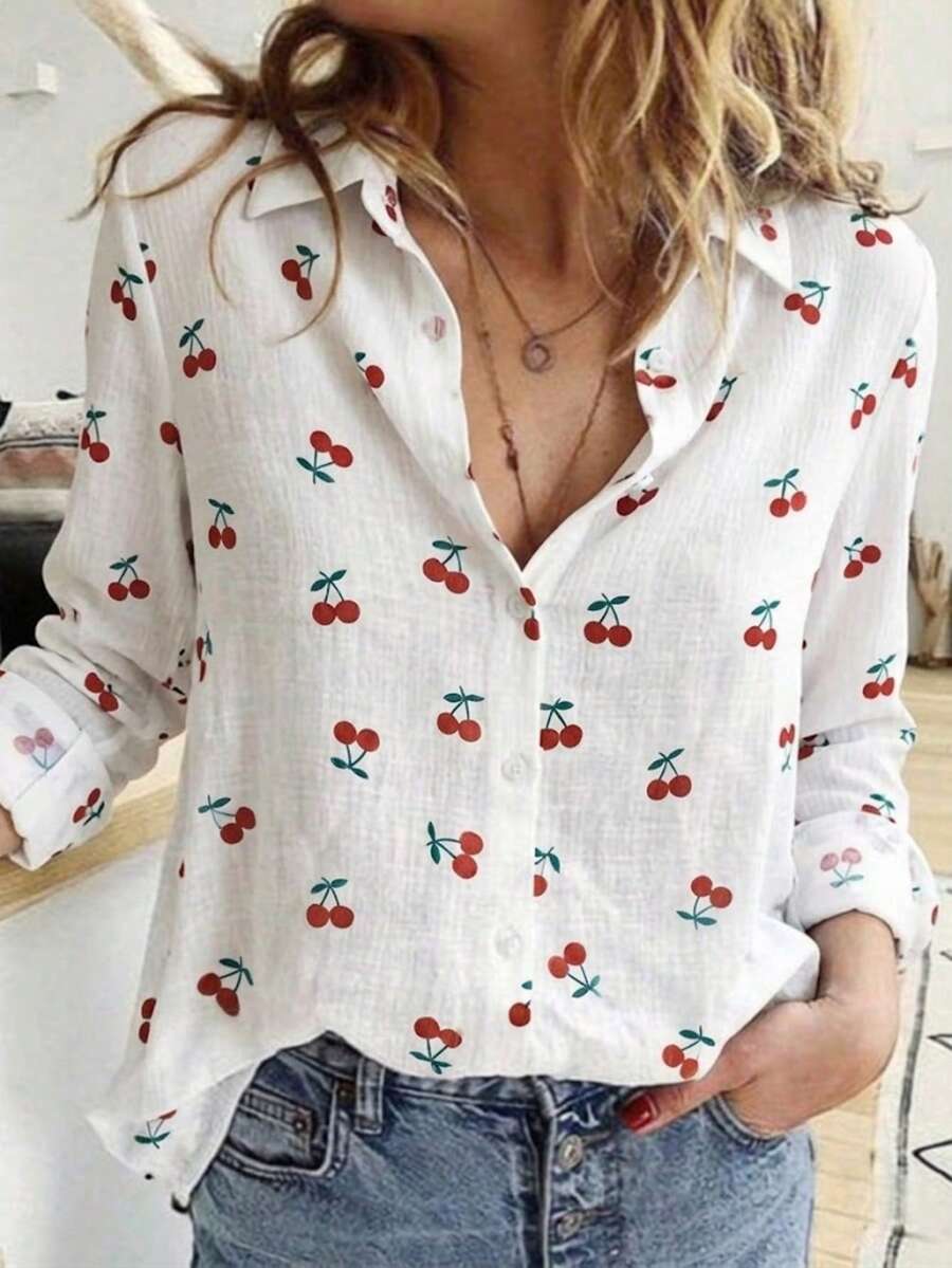 女款櫻桃印花鈕扣前襟襯衫,休閒長袖V領領口上衣,度假風白色 - 白色 - 查看 1