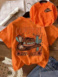 Camiseta de mujer, de algodón puro, de manga corta, con estampado de sombrero de vaquero del oeste, elegante y hermosa, de alta calidad, a la moda, suave y cómoda, con diseño de estilo retro americano, adecuada para uso diario, celebraciones y fiestas, o como regalo para las fiestas, una blusa casual holgada y única. - Albaricoque - Ver 8