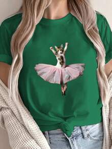 Camiseta con Estampado de Gato Bailarín en Rosa, Manga Corta, Cuello Redondo, Estilo Casual para Verano y Primavera, Ropa de Mujer - Negro - Ver 6