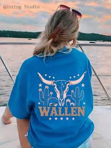 Camiseta de mujer, casual, de cuello redondo, 1 pieza, ultra suave y transpirable, con un diseño bohemio que presenta cabezas de vaca, cactus y otros patrones, etiquetada como "WALLEN," perfecta para vacaciones de surf en la playa y para uso casual de primavera/verano. - Azul - Ver 12