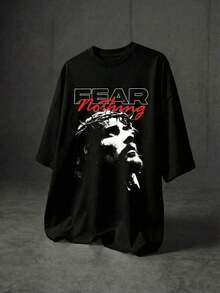 Soft And Comfortable Korean Style T-Shirt, Summer Casual Wear, Urban Casual Style With Religious Tattoo "Fear Nothing" Graphic Print Of Jesus Christ Slogan In Black, 100% Breathable Cotton - 黑色 - 查看 5