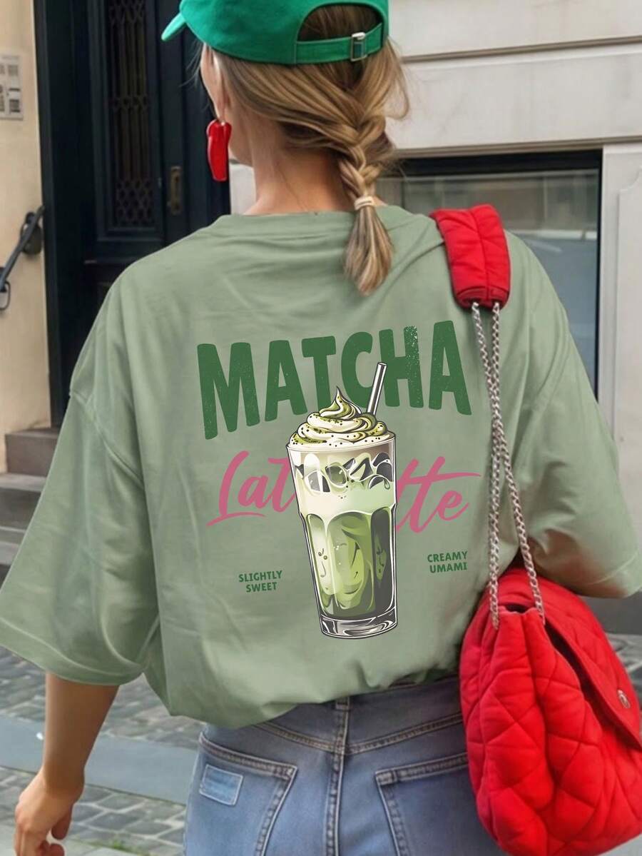 1件女款夏季寬鬆圓領短袖T恤，「Matcha Latte」字母印花圖案T恤，適合度假、辦公、日常、約會、派對、聚會、街頭、派對場合休閒穿著 - 草綠色 - 查看 1