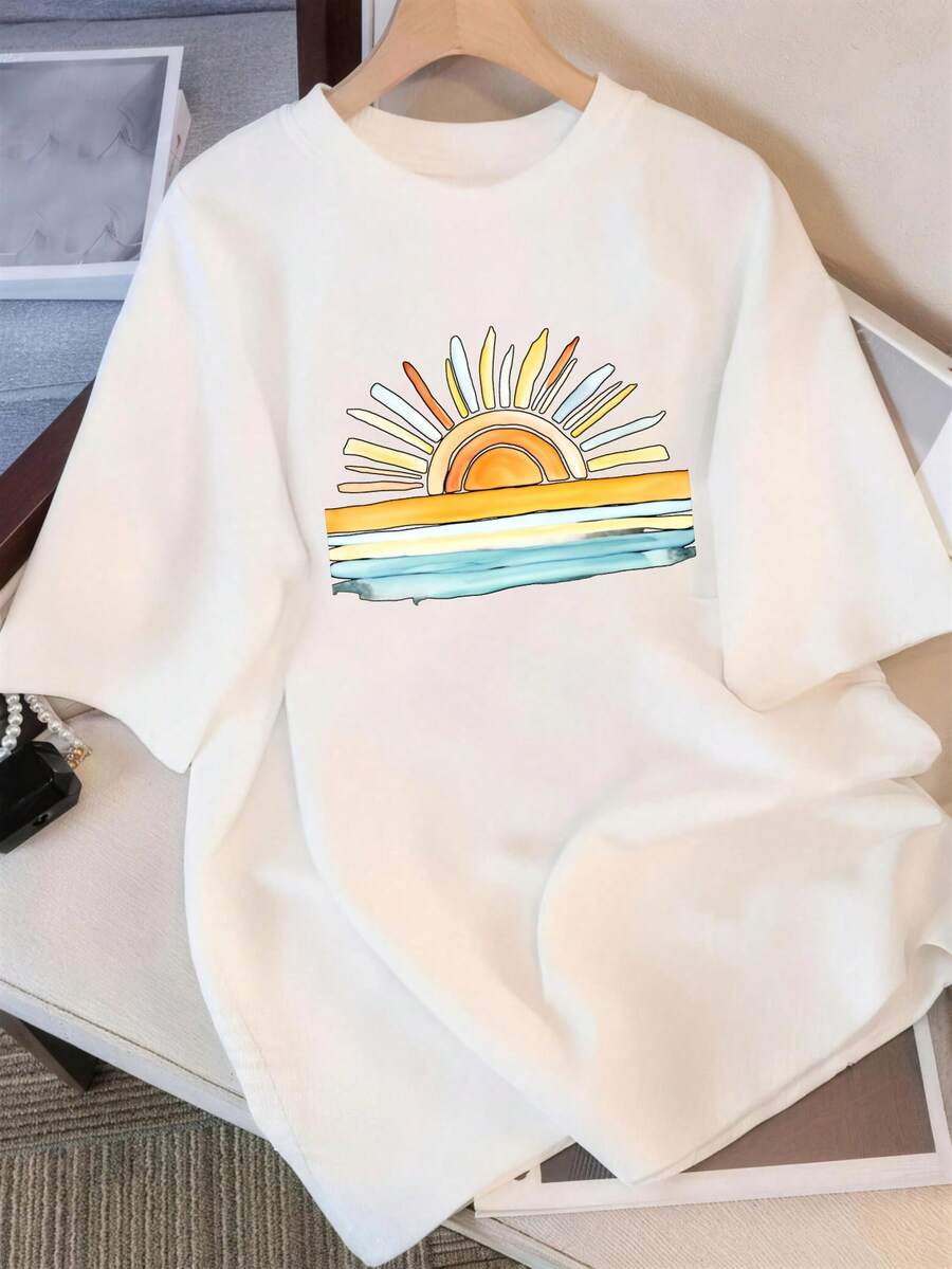 Women's Casual Short-Sleeve T-Shirts With A Sunset Ocean Wave Design, Perfect For Beach Vacations. Lightweight And Breathable, Ideal For Summer - Unisex Cotton Loose-Fitting Short-Sleeve Crew Neck T-Shirt With An Urban Vintage Style. - 白色 - 查看 1