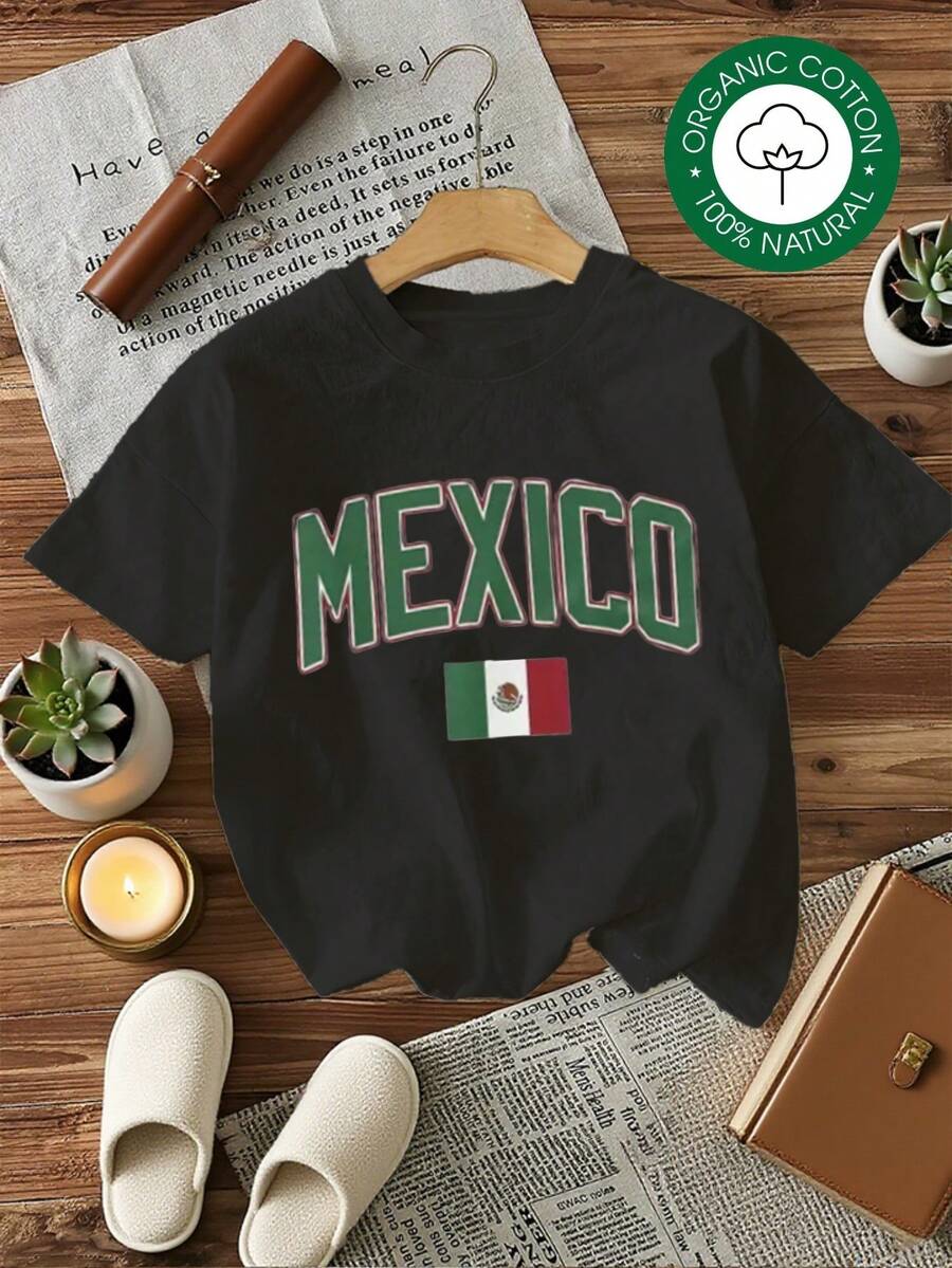 MYNOVA C Women's Plus Size Soft Cotton T-Shirt With MEXICO Flag Print, Gift For Travel Lovers, Valentine's Day Gift, Fashion Outfit, Summer Dresses For Women, Casual, Perfect For All Seasons, Sizes S M L XL, Pure Cotton T-Shirt. - 黑色 - 查看 1