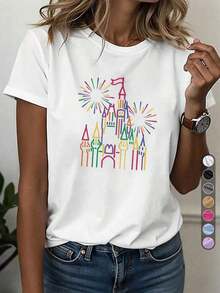Women's Casual Sports T-Shirt, Round Neck, AUX DES MOUBLES, Vintage Castle Print, Casual Artistic Fashion, Everyday Wear, European Independence Day Style, Retro T-Shirt, French Chic Style, Comfortable Top For All Seasons - 白色 - 查看 2
