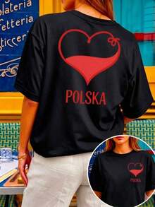 Women's T-Shirt With Double-Sided Print, Red Heart Print POLSKA, Breathable, Fashionable, Versatile, Anti-Pilling, Does Not Fade After Multiple Washes, Comfortable For Daily Wear, Sports And Leisure Activities, Ideal Gift For Holidays And Mother's Day - 黑色 - 查看 7