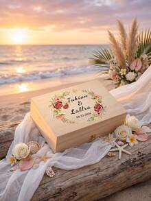 1pc Custom Wedding Wooden Keepsake Box, Personalized Names & Date Memory Box With Floral Wreath Design, Wedding/Bridal Shower Gifts, Party Desktop Decoration Gift Box, Engagement Gift Box - Multicolor - View 6