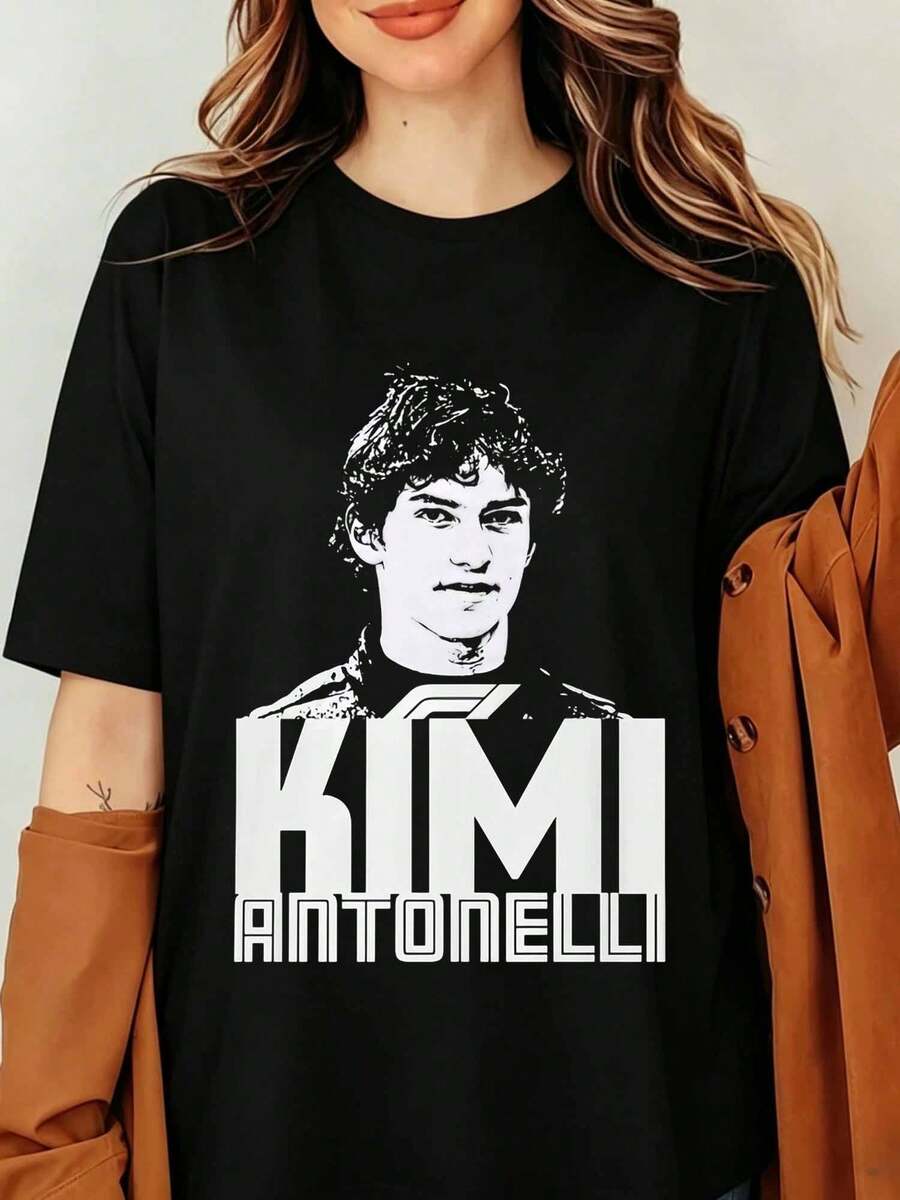 Kimi Antonelli F1-racingförare grafiskt porträtttryck svart kortärmad t-shirt, Kimi Antonelli F1 Formel 1-förare fansupport-tröja unisex mjuk t-shirt - Svart - Visa 1