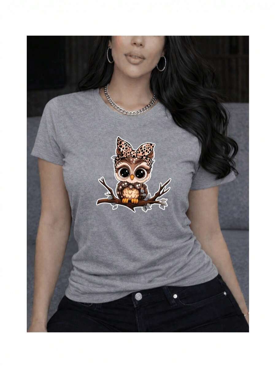 Women's Casual T-Shirt With Owl And Bow Print, Animal Print, Short Sleeve, Round Neck, Kawaii Chic, Youthful, Cute, And Sweet Style - 灰色的 - 查看 1