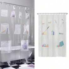 Transparent Shower Curtain Liner With 9 Mesh Storage Pockets, Waterproof PEVA Plastic Lining For Bathrooms, Clear Shower Curtain Storage Bag, Dimensions 70 X 72 Inches - Multicolor - 查看 10