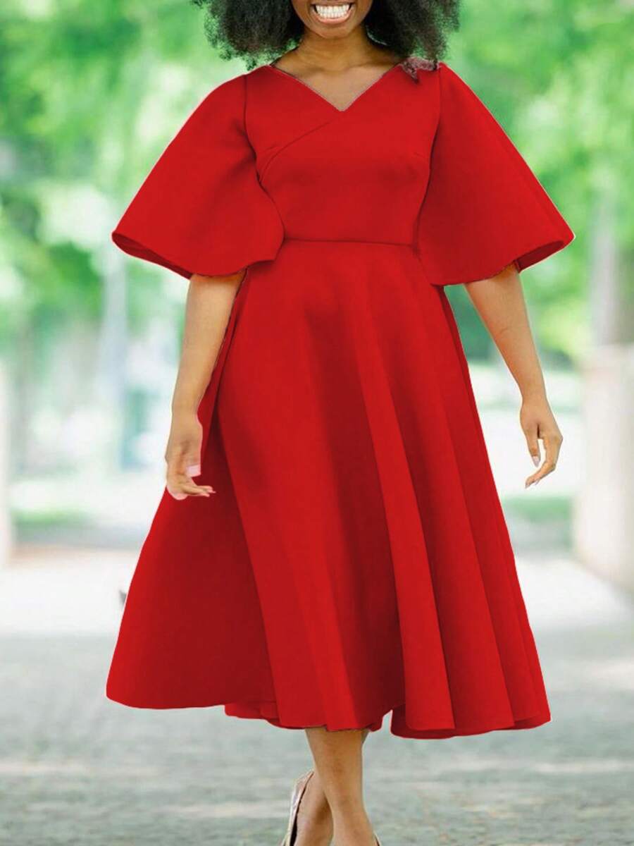 Women's Elegant European And American Style Evening Dress 2026, New Design, V-Neck, Puff Sleeves And Full Hem Skirt - 紅色 - 查看 1