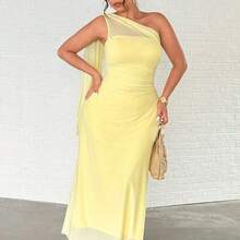 Plus Size Women's Elegant Romantic Fashion Commuter Sexy Elegant Style Asymmetrical Shoulder Bodycon Maxi Dress, Suitable For Party, Beach Vacation, Back To School, Romantic Date, Wedding Season, Birthday, Easter, Spring/Summer Dress - Amarillo - Ver 6